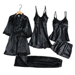 5 Pcs/Set Silky Satin Women Pajamas Set Nightgown Nightdress Top Shorts Pants Set Lace Patchwork Loose Thin Women Sleepwear