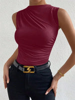 Women's Casual Mock Neck Ruched Tank Top Summer 2024 Solid Color Slim Fit Pleated Sleeveless T Shirt Tee Tshirt Streetwear