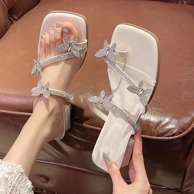 2025 Fashion Silver Crystal Sandals Women Rhinestone Butterfly Thick Heel Sandles Woman Summer Med Heeled Party Shoes Female