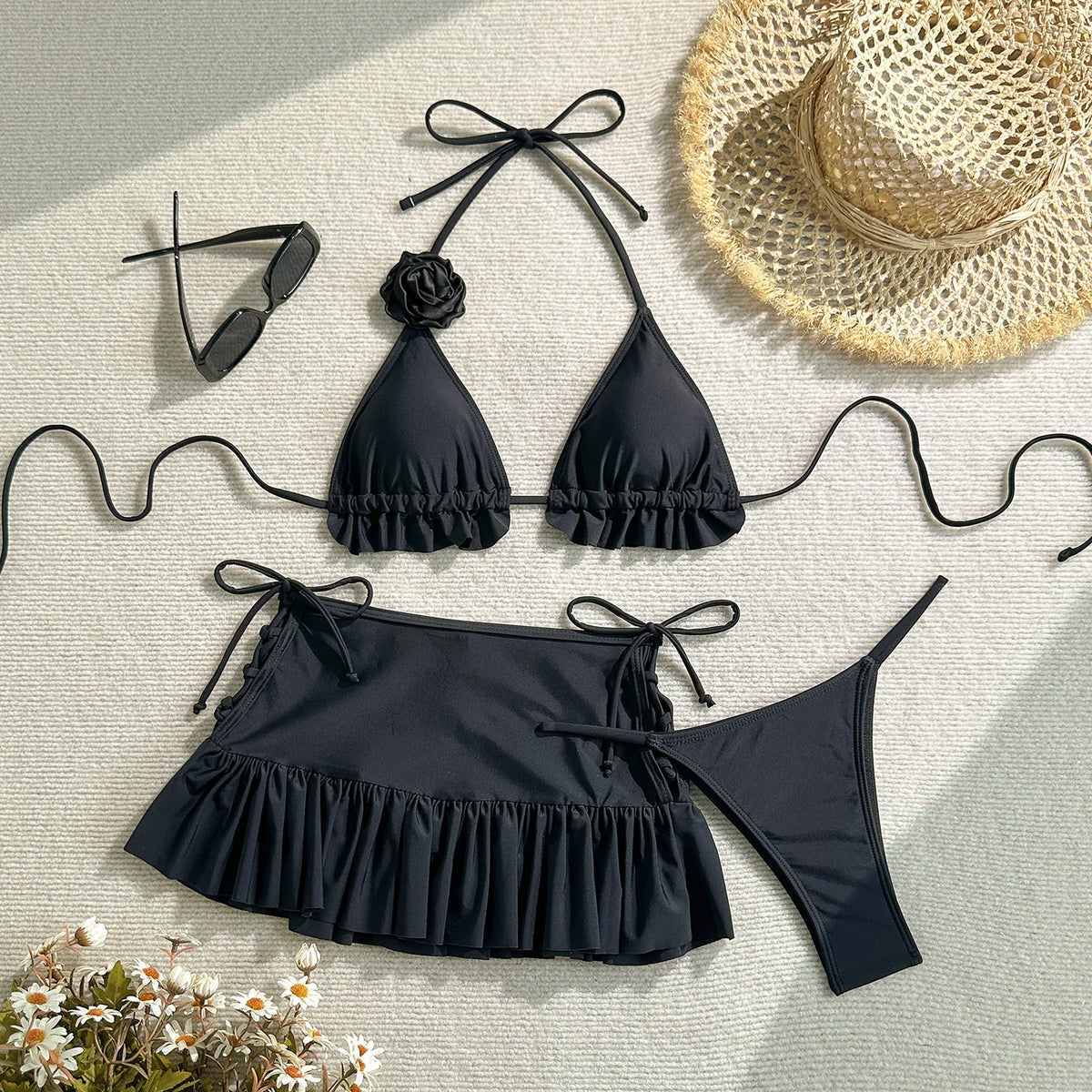 Sexy Ruffles Cover Up 3 Piece Bikinis Sets Women Black White 3D Floral Push Up Bra Thong Swimsuit Bathing Suit Swimwear 2026