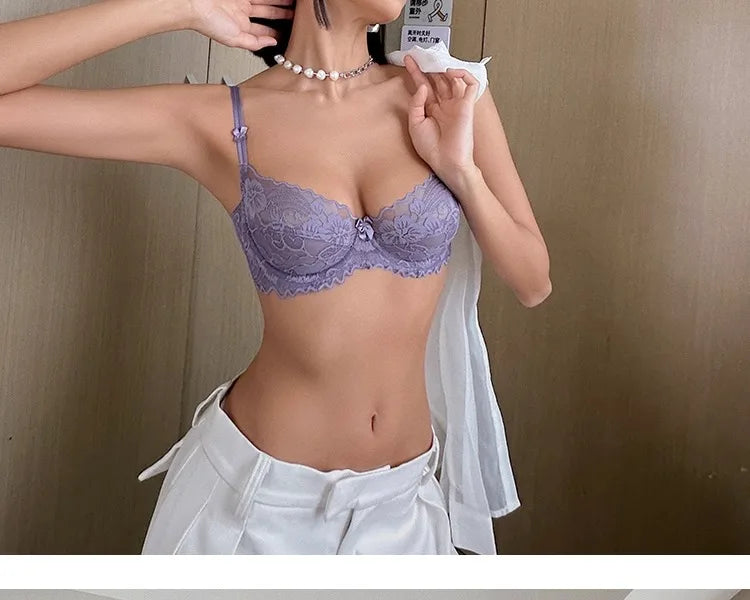 French Sexy Lace Bra for Small Boobs, Wirefree Bralette Ultra Thin, Light Support Traceless Bra Women White Lingerie Set MOYISU
