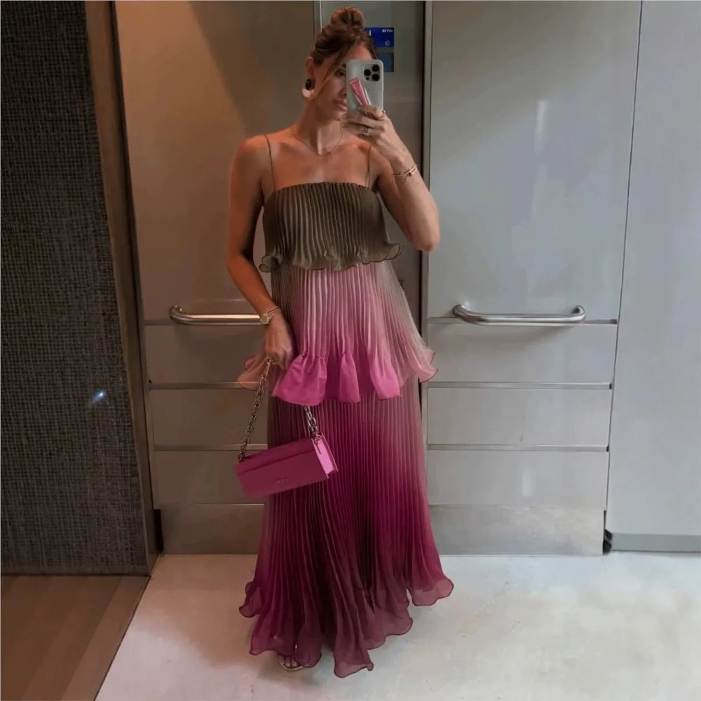 MsChuh Vestidos 2026 Woman Dress Vestido Dresses Spaghetti Strap Temperament Playful Gradient Ruffles Sleeveless Pleated Holiday