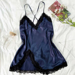 Women's Sleepdress Contrast Lace Satin Nightdress Deep V Backless Lace Up Split Slip Sleep Casual Dress Summer Nightwear Female