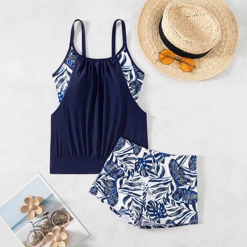 Summer Two Pieces Swimsuits Woman Print Swimwear Female Tankini Sets Beachwear High Waisted Bathing Suit Sports Women Bathers
