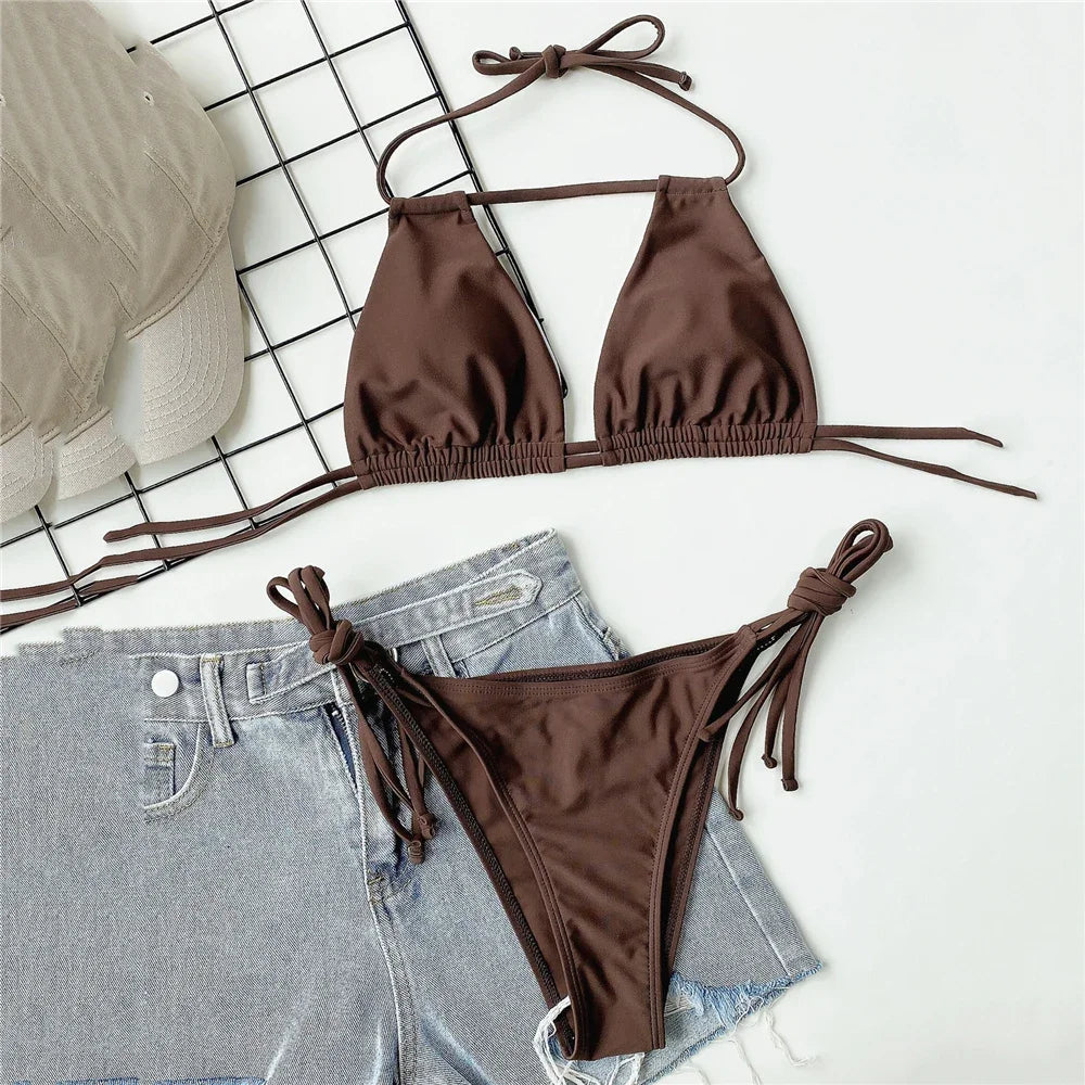 Sexy Brown String Halter Micro Thong Bikinis Sets Lace-up Swimsuit Hollow Out Swimwear Women 2026 Biquinis Bathing Suit Bikini