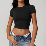 Solid color fitness women's soft breathable yoga short-sleeved comprehensive training tight T-shirt with exposed belly button