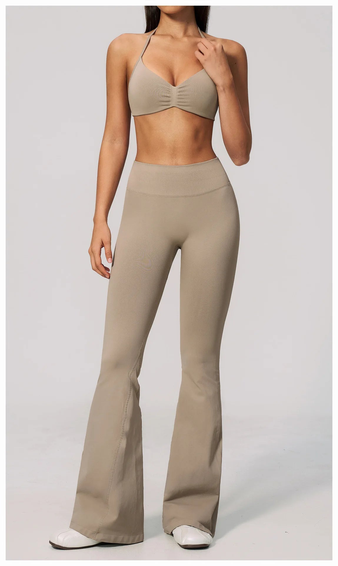 Summer Fitness Suit Women Seamless Hanging Neck Pleate Sports Bra Yoga Sets High Waist Wide Leg Leggings Running Athletic Wear