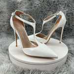 Bright white Cover Pointed Toe Sexy Woman Shoes Thin Super High Heel T-strap Grace Lady Pumps Breathable Summer Shallow Slip-on