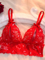 Women's Sexy Lace Open Bra Suit Solid Set Beautiful Back Hollow Out No Steel Ring Underwear Transparent Heart Pullover Outfit