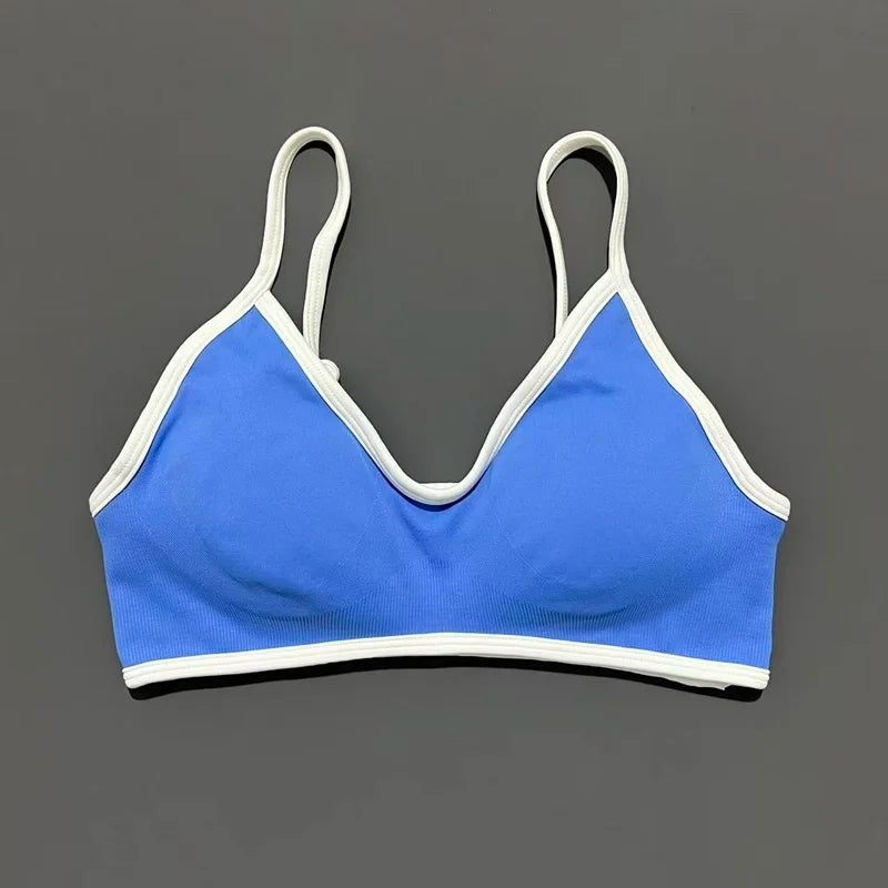 Contrastline Bra Women Backless Knitted Sports Bra Solid Color Gym Fitness Top With Chest Cushion Sexy Suspender Yoga Sports Bra
