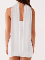 Women Solid Color Ruched Tube Top Dress Summer Slim Off Shoulder Sleeveless Open Back Mini Bodycon Dresses with Scarf