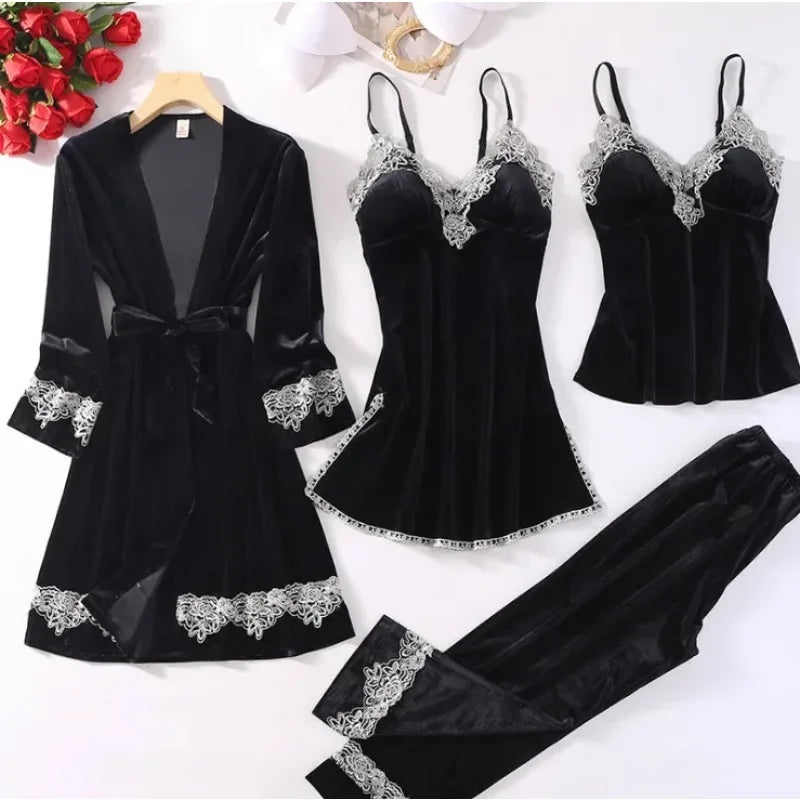 Korean Style Gold Velvet Sleepwear Women's Spring Autumn Stripe Sexy Strap Home Clothes Set Long Sleeve V-neck Home Suit 2025