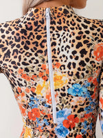 Vintage Red Floral Leopard Print One Piece Swimsuit 2025 Women Long Sleeve Back Zipper Slim Swimwear Beach Surf Bathing Suits