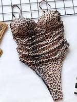 Push Up Bra Cup Leopard Scrunched Women Bandeau Swimwear One Piece Swimsuit Female Monokini High Cut Bathing Suit Swim Bodysuit