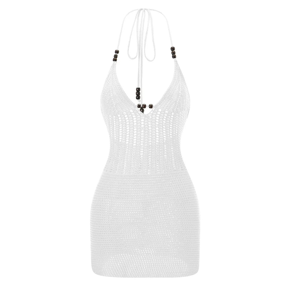 Women Backless Halter Mini Dress Casual Summer Knit Crochet Cutout Bodycon Party Dress for Beach Club Streetwear