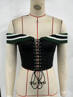 Sexy Green Black Knitted Patchwork Corset Tops Women's Sleeveless Vest 2026 Bandage Cross Off Shoulder Fishbone Y2K Tanks Top