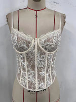 Sexy Spicy Girl Summer Tank Top Women Beige Lace Trim Steel Ring Gathering Back Cross Tie Rope Slim Fit Fishbone Corset Vest