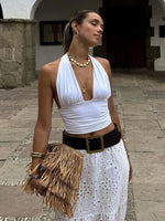 FDYOUI Sexy Deep V-neck Bandage Solid Crop Tops Women's 2026 Summer Halter Off Shoulder Sleeveless T-shirt Vacation Corset Top
