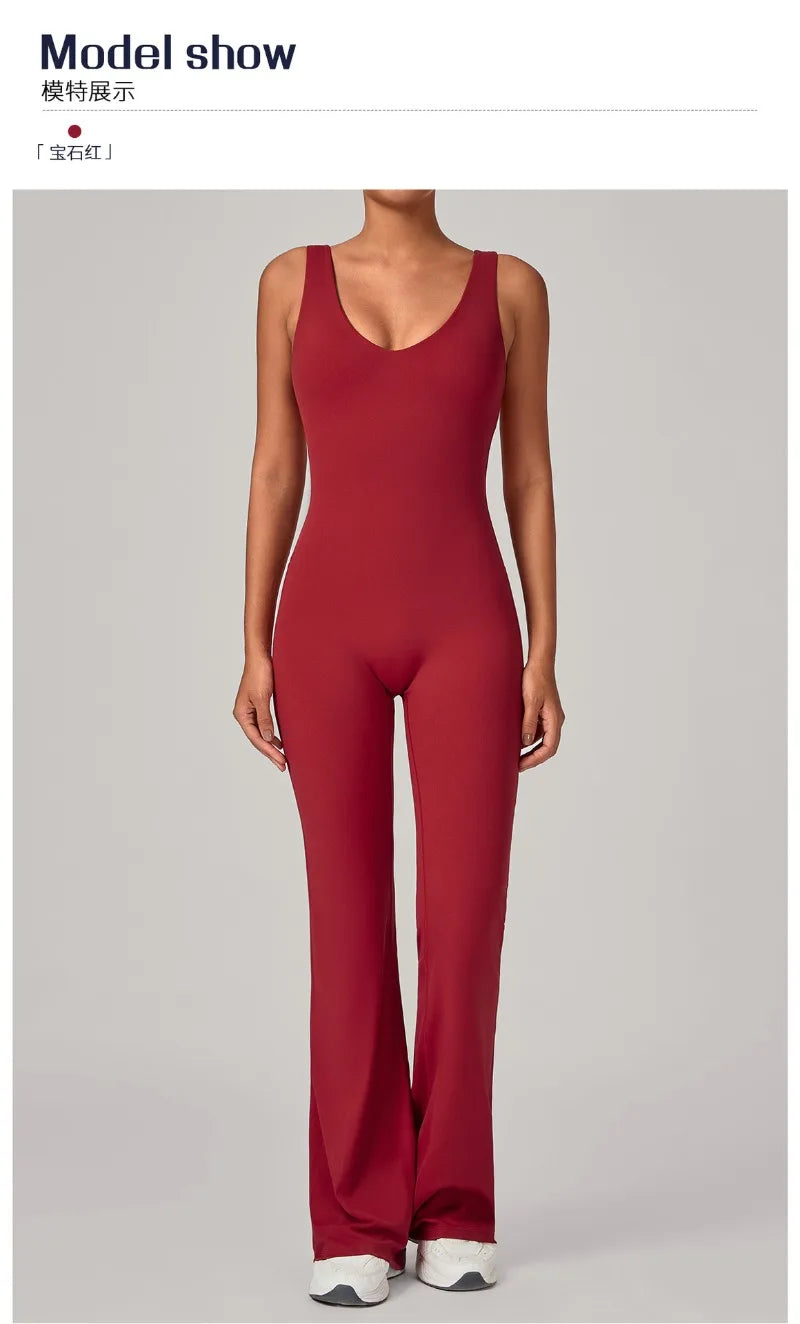 Women's Seamless Yoga Jumpsuits Sports Fitness Sleeveless Hip-lifting Flared One-piece Workout Gym Training Slim Fit Bodysuits
