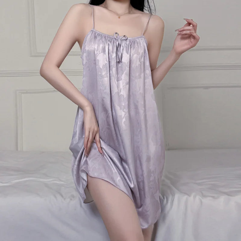 New Fashion Purple Silky Nightgown Women's Floral Print Chemise Spaghetti Strap A-Line Sleepwear Soft Comfortable Nightdress Hot