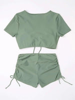 Sexy Drawstring Bikini Set 2026 Women Green Black Short Sleeve Two Piece Swimsuit Summer Bathing Suit Pleate High Waist Swimwear