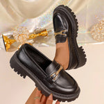 Ladies Metal Buckle Decor Chunky Loafers Round‑Toe Slip‑On Lug‑Sole PU Leather Comfortable All‑Match Business Walking Footwear