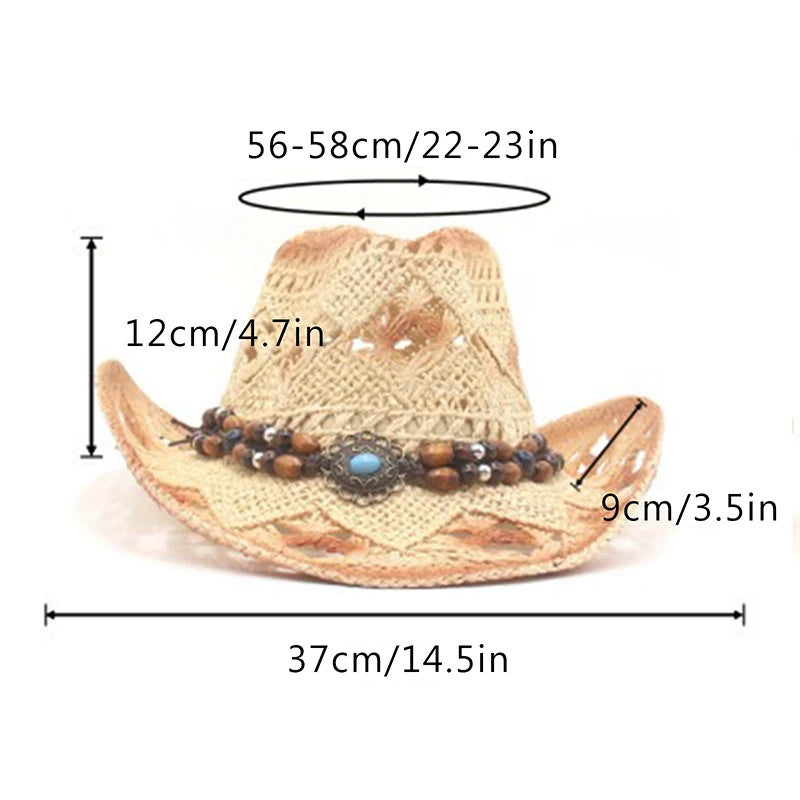 Women Cowboy Hat Creative Curled Straw Hollow Design Ethnic Style Beads Chain Decoration Shade Straw Hat Summer Sun Cap