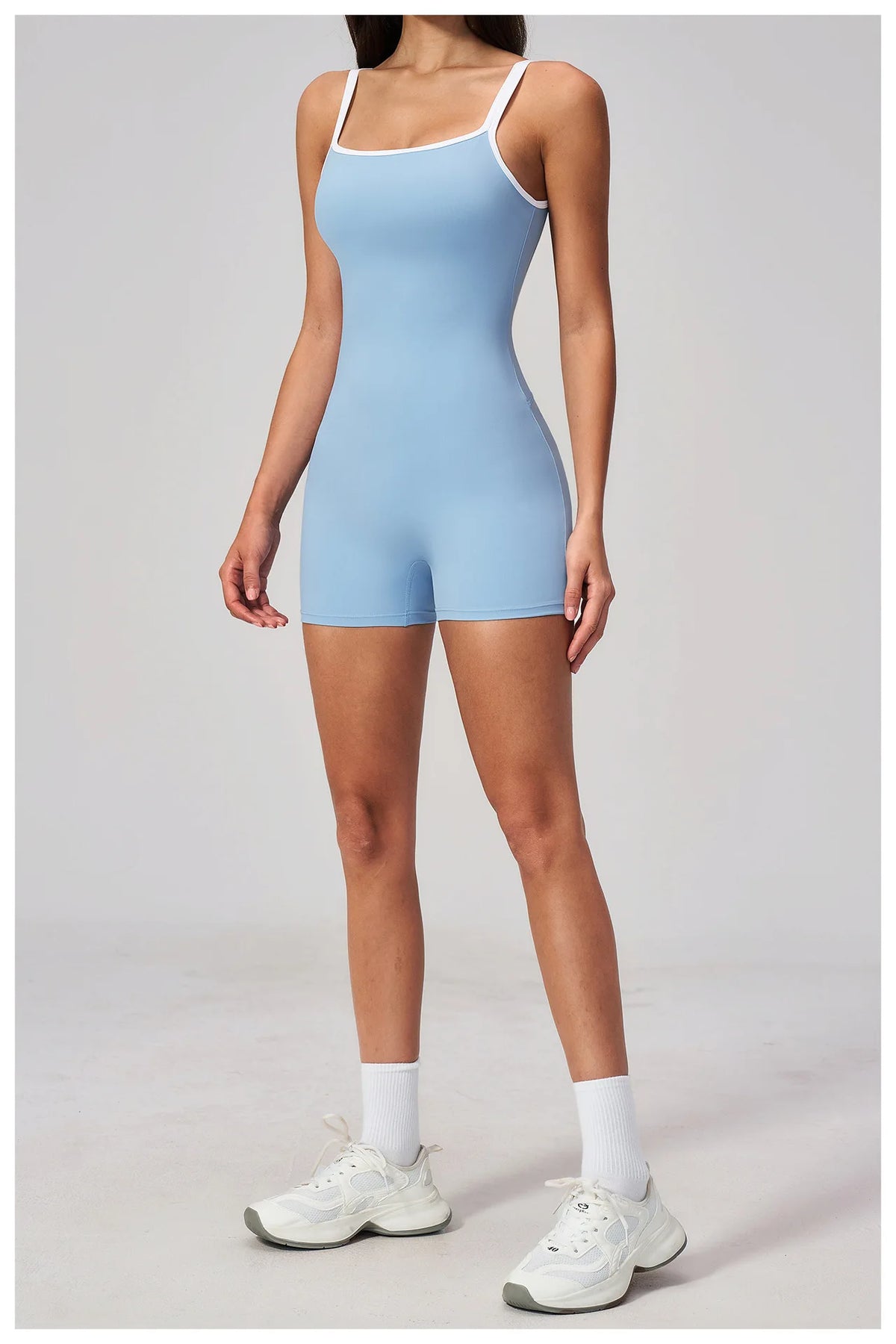 Tight Fitting One-piece Yoga Suit Women Color Bloack Square Collar Hollow Out Backless Butt-Lifting Gym Sports Short Jumpsuit