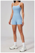 Tight Fitting One-piece Yoga Suit Women Color Bloack Square Collar Hollow Out Backless Butt-Lifting Gym Sports Short Jumpsuit