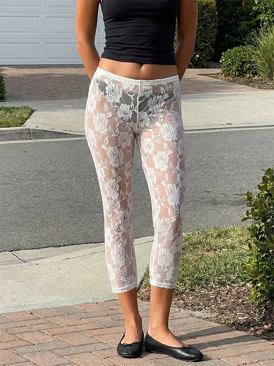 Women Summer Sheer Lace Capris Elastic High Waist Bodycon Cropped Pants Bottoms Sexy Club Beach Cover-ups Leggings