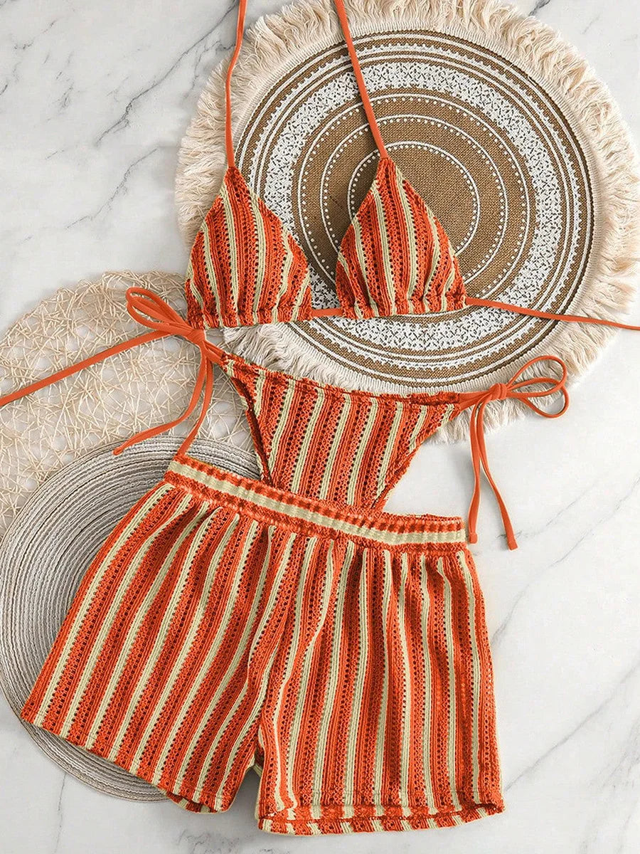 3PCS With Shorts Stripe Halter Fishnet Bikini Women Swimwear Female Swimsuit Three-pieces Bikini Set Bathing Suit Swim Beachwear