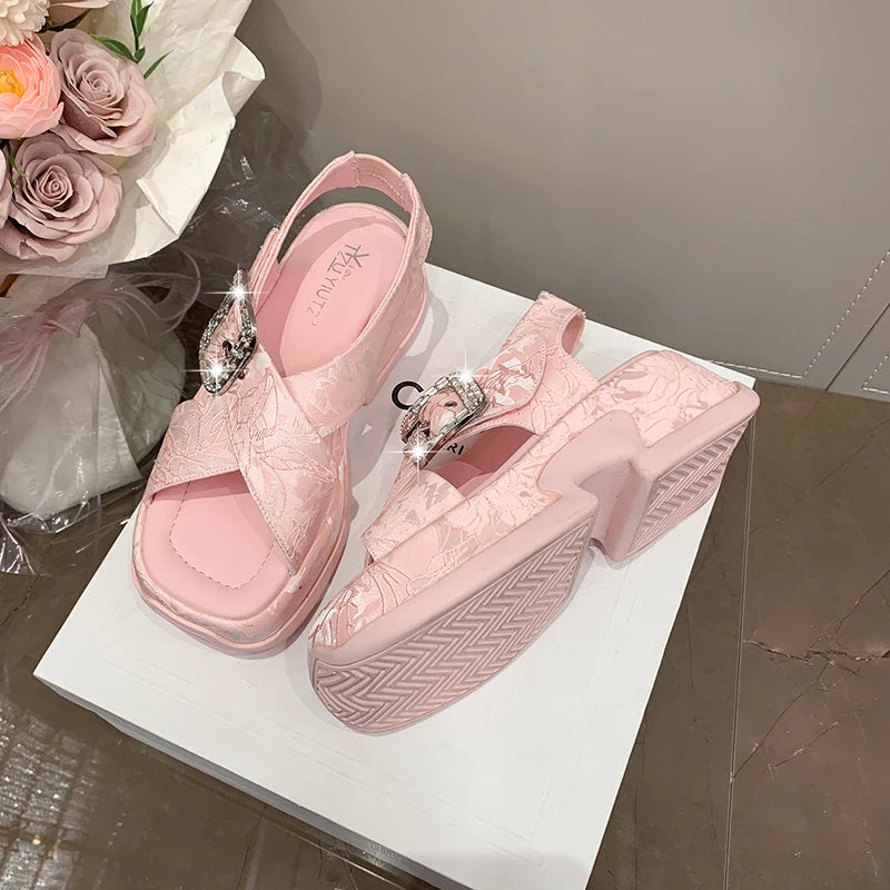Fashion Crystal Buckle Platform Sandals Women Pink Embroidery Thick Heels Sandalias Mujer Comfortable Heightened Rome Sandals