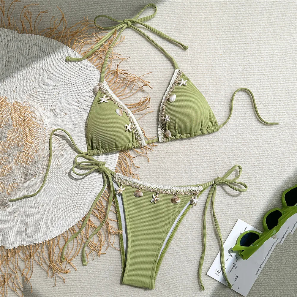 Shell Decoration Swimwear String Halter Bikinis Sets Micro Thong Sexy Swimsuit Women 2026 Bathing Suit Purple Triangle Bikini