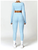 Hearuisavy Summer 2PCS Long Sleeve Gym Set Women Yoga Clothes Quick-Drying Sportswear Running Leggings Workout Sports Crop Top