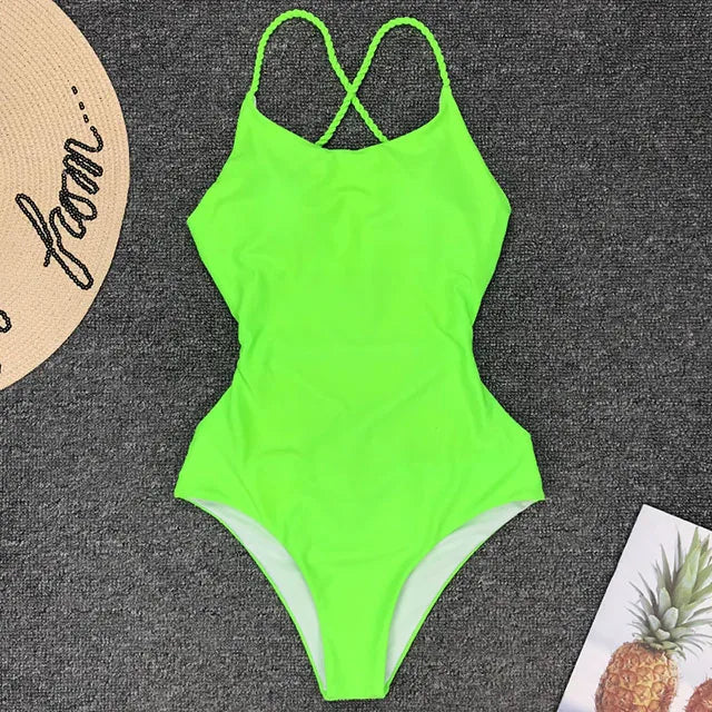 Criss Cross Backless Women Swimwear One Piece Swimsuit Female Monokini High Cut Leg Bather Bathing Suit Swim Beach Wear Lady