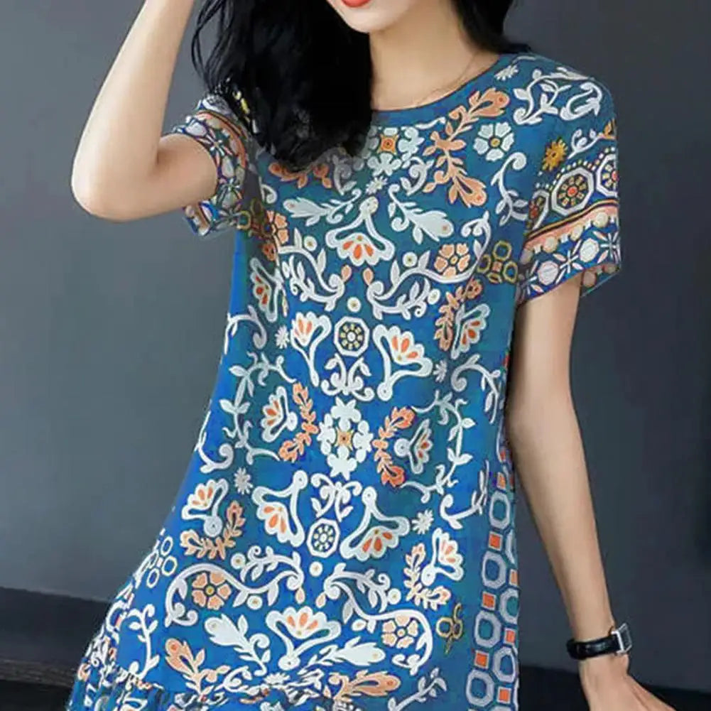 Summer Women Dress Half Sleeves Round Neck Retro Print A-line Big Hem Knee Length Loose Casual Daily Wear Vacation Midi Dress