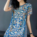Summer Women Dress Half Sleeves Round Neck Retro Print A-line Big Hem Knee Length Loose Casual Daily Wear Vacation Midi Dress