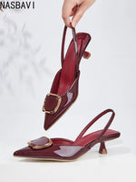 Large Size 35-43 Pointy Toe Burgundy Kitten Heels Slingback Women Summer Pumps Elegant Square Buckle Sandal OL Office Lady Shoes