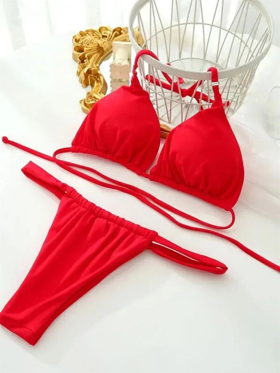 PU Pleated Ruched Bikinis Mini Micro Thong Bikini Women Swimwear Female Swimsuit Two-pieces Bikini Set Halter Bathing Suit Swim