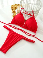 PU Pleated Ruched Bikinis Mini Micro Thong Bikini Women Swimwear Female Swimsuit Two-pieces Bikini Set Halter Bathing Suit Swim