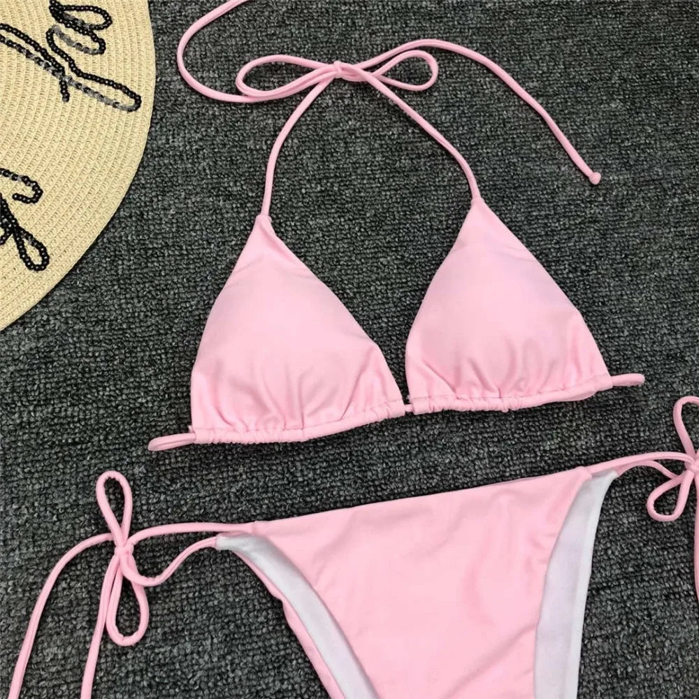 New Sexy Neon Pink Brazilian Bikini Women Swimwear Halter Swimsuit Female Two-Pieces Bikini Set Bather Bathing Suit Swim V1312