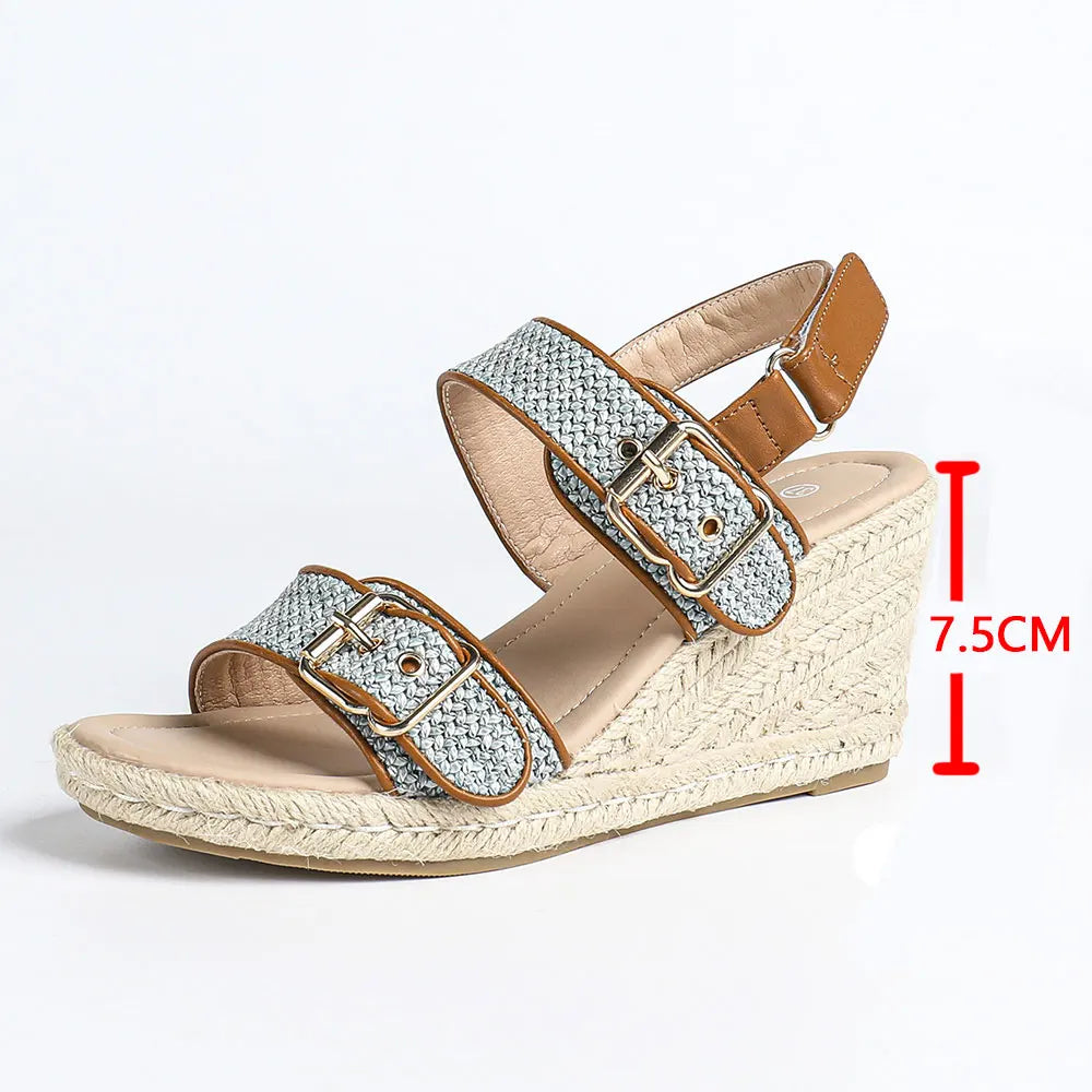 Summer Bohemian 2 Buckle Adjustable Straps Espadrille Wedge Sandals Women Leisure Roma Platform Beach Vacation High Heels Shoes