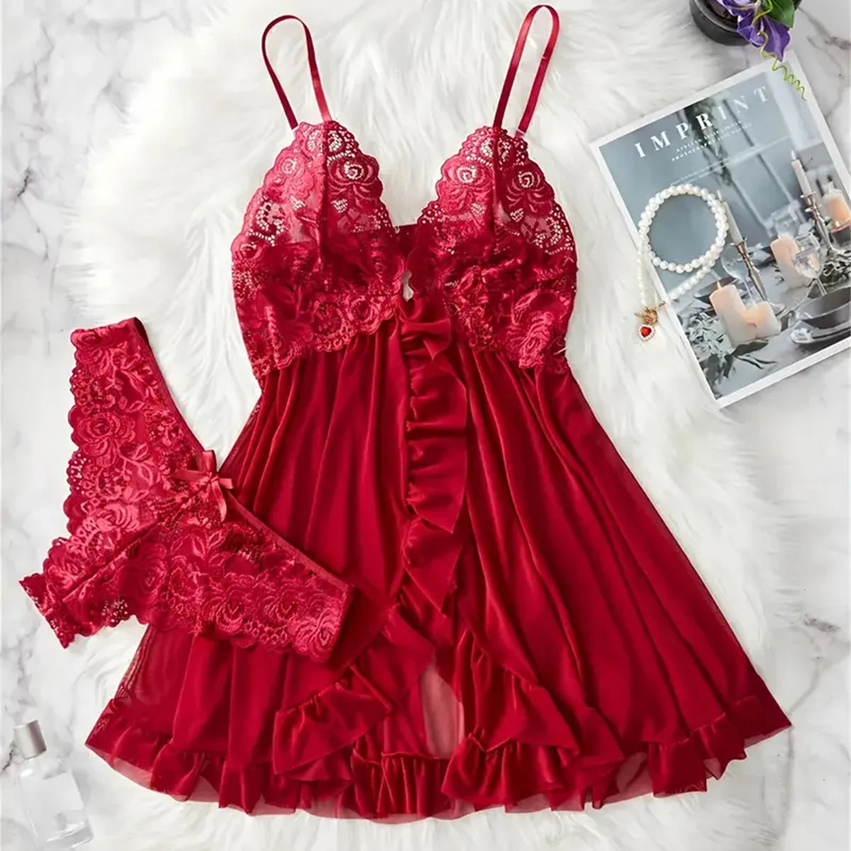Elegant Transparent Red Lingerie Women's Underwear Sleepwear Lace Nightdress Panty Pijamas Sets Female Babydoll