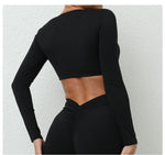 Long Sleeve Gym Crop Tops for Women Twist Deep V Workout Quick Dry Padded Sports Fitness Yoga T-Shirt