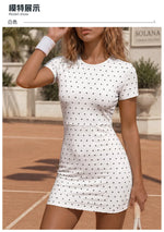 Retro Polka Dot Sports Tennis Dresses Women Quick Drying Round Neck Short Sleeve Back Hollow Cross Slim Yoga Golf Fitness Dress