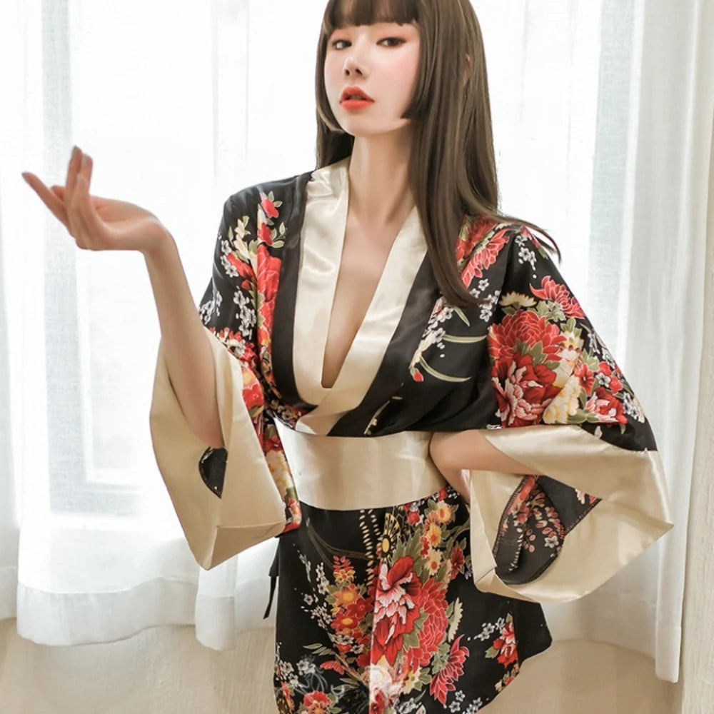 Sexy Lingerie Japanese Kimono Seductive Topless Print Women's Pajama Set Uniform Temptation Sleepwear Traditional Dress Robe
