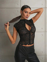 Ahagaga Summer Chic Lace Patchwork Tops Tees Sexy Sleeveless High Neck Hollow Out Slim Regular Elegant Club T-Shirt for Ladies