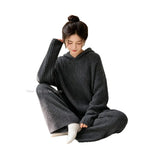 Soft Vertical Texture Loose Wearable Outside Autumn Winter Sleepwear Women Korean Lazy Style Hooded Half Velvet Pajama Set