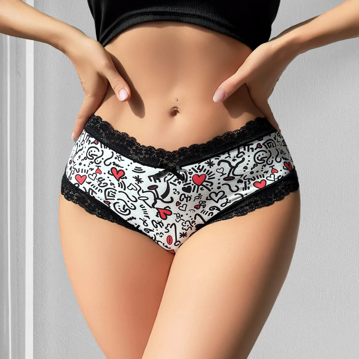 1pcs Low Waist Print Decor Sexy Lace Women's Panties Patchwork Elegant Sexy Lingerie Breathable Comfortable Fashion Lady Briefs