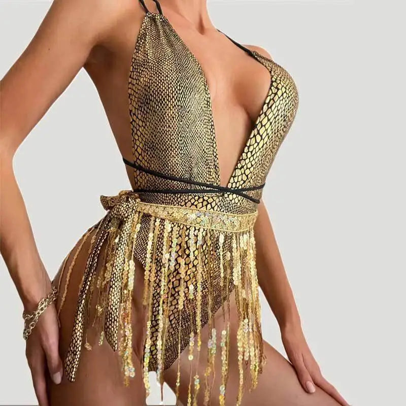 New Shiny One Piece Swimsuit Sexy White Snakeskin Print Deep V Neck Swimwear Backless Bathing Suit Sequin Tassel Skirt Monokini